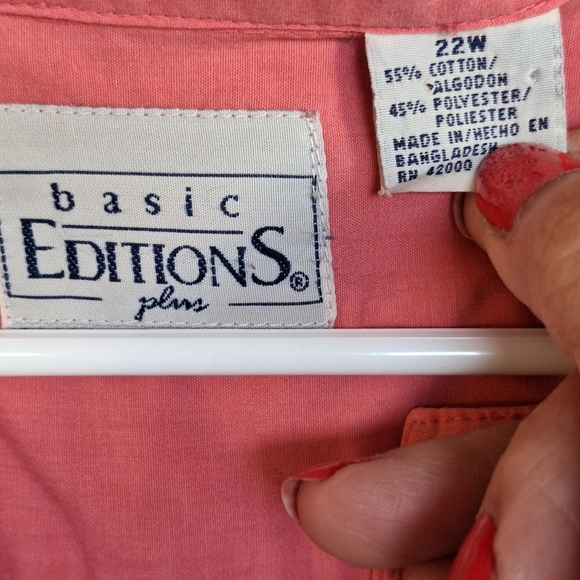 Basic Editions Shirt Peach Plus Sz22W Short Sleeves Pocket ButtonFront PolyBlend - Picture 4 of 9